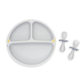 加購-寶寶學習餐具-餐盤叉匙組-石英灰