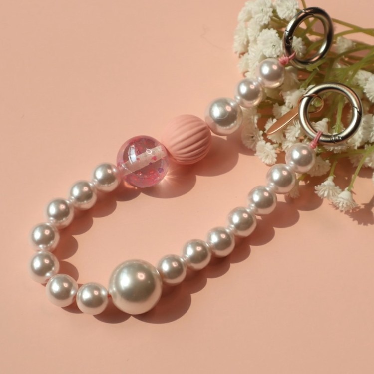 【韓國ARNO】BEADS 可拆式手機串珠鍊- 粉珠點綴珍珠Rosy Quartz