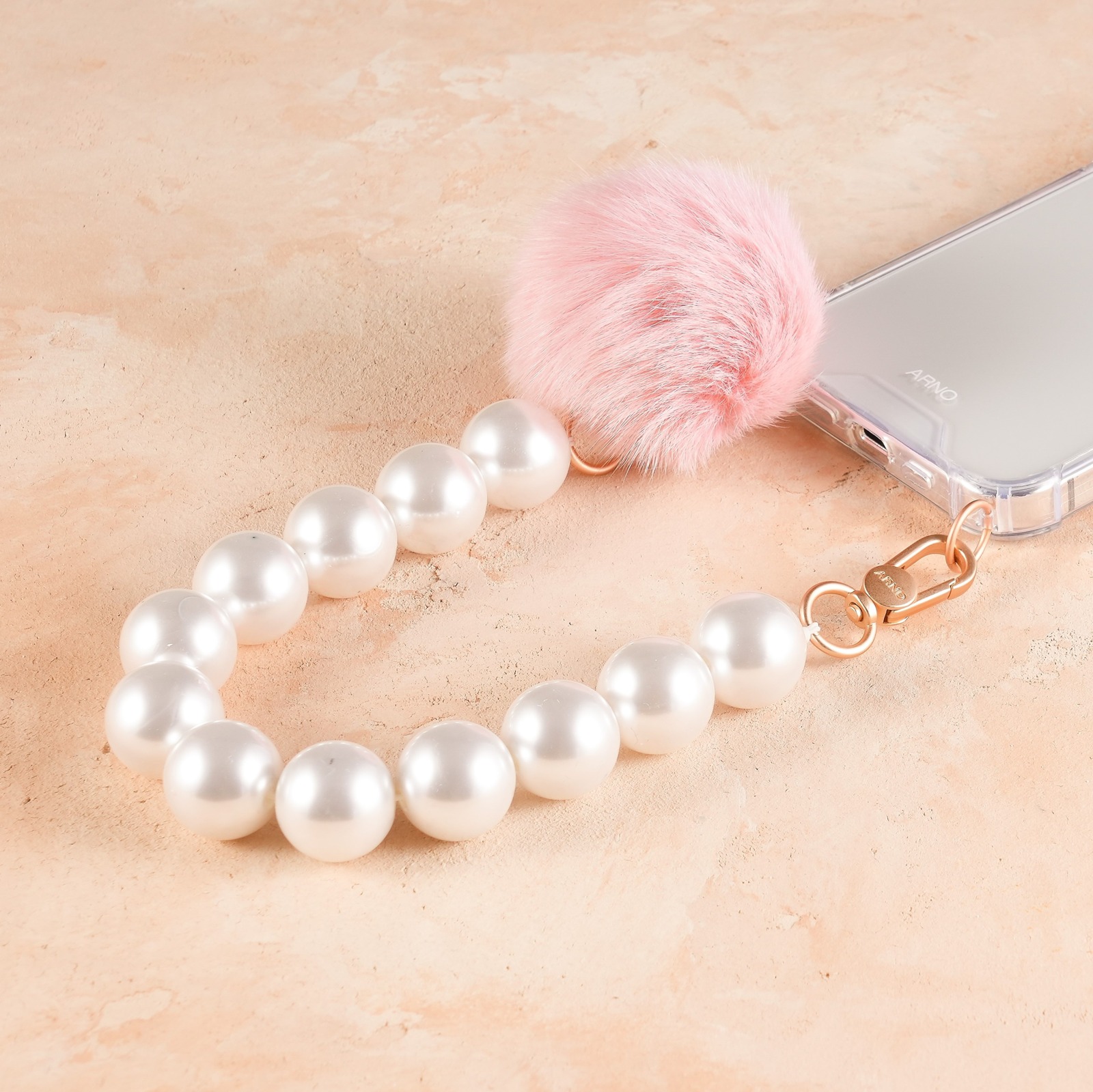 【韓國ARNO】BEADS 可拆式手機串珠鍊- 玫瑰毛球珍珠Rosy White Pearl